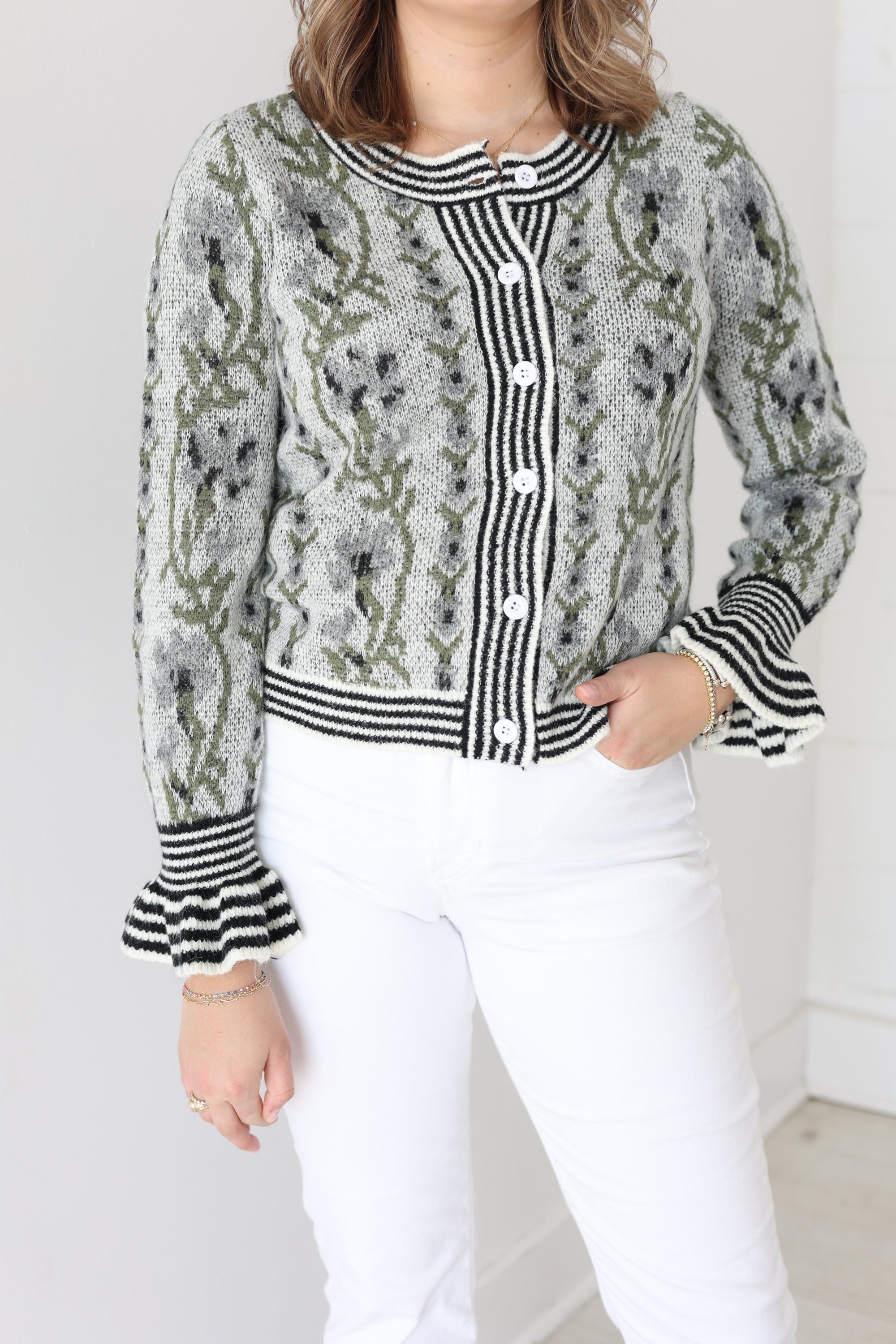 Floral Button Cardigan - Black