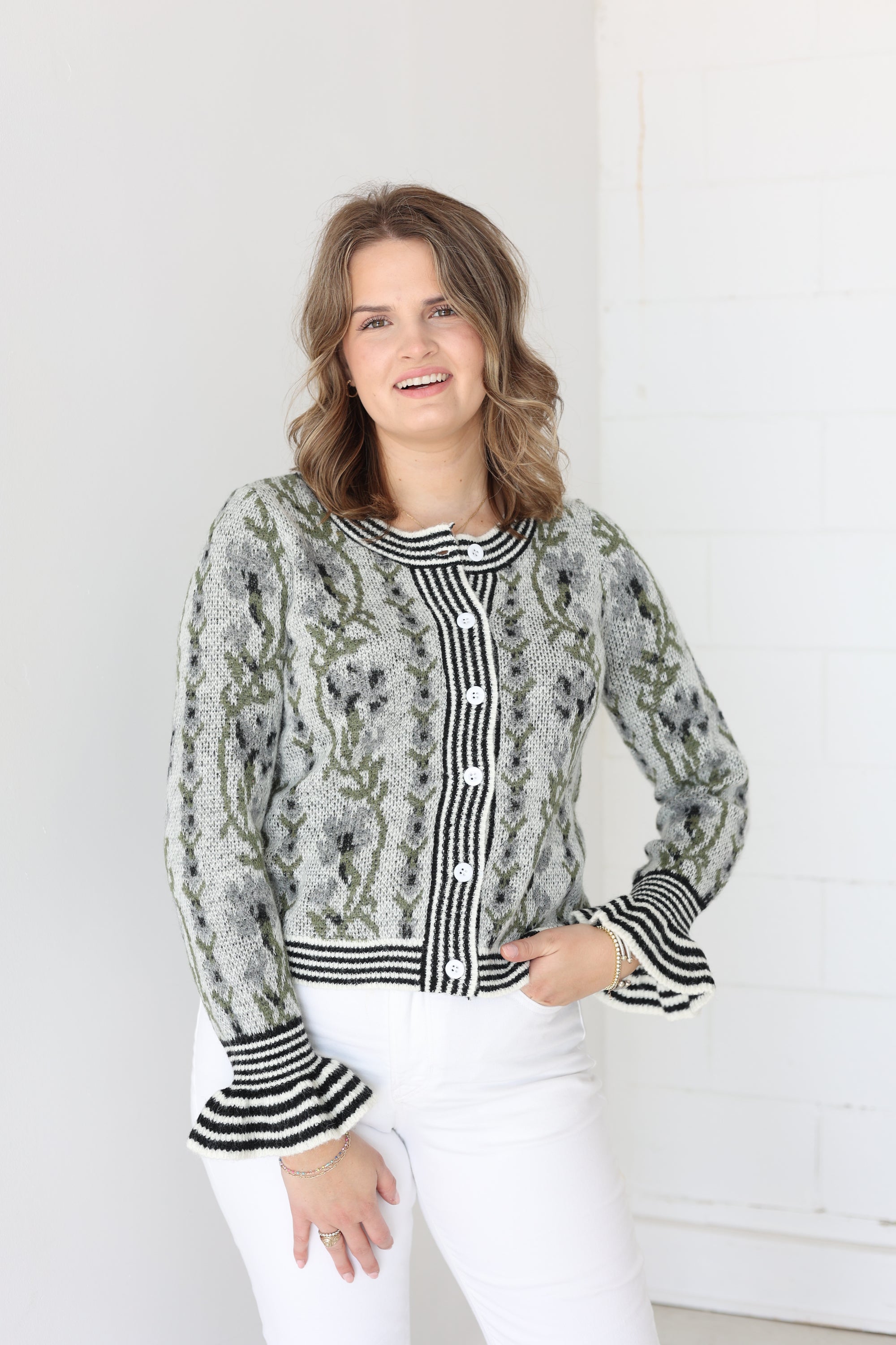 Floral Button Cardigan - Black